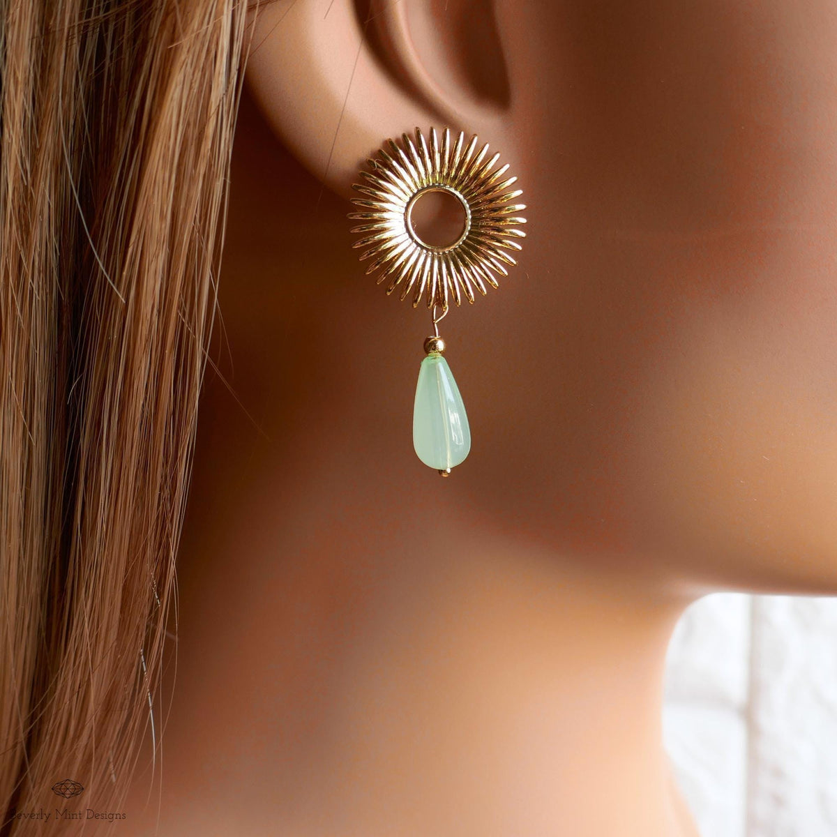 Sunburst Drop Earrings , Gold Statement Earrings with Green Teardrop Beads, Art Deco Boho Jewelry, Retro Vintage Style Gift