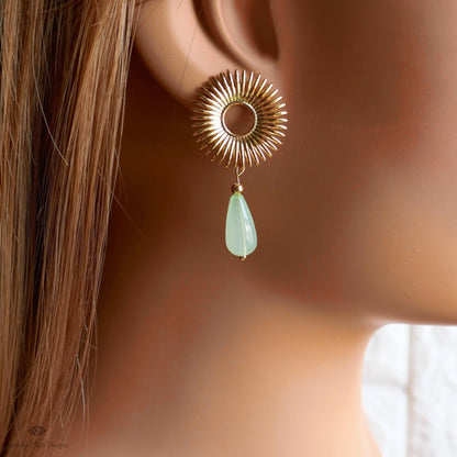 Sunburst Drop Earrings , Gold Statement Earrings with Green Teardrop Beads, Art Deco Boho Jewelry, Retro Vintage Style Gift