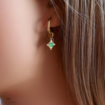 Sunstone and Green Charm Hoops, Gold Huggie Earrings, Dainty Drop Jewelry