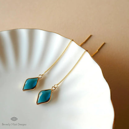 Blue Earrings , Blue Stone Threader Earrings ,Gold Chain Dangle Earrings, Sensitive Ear & Clip-On Options