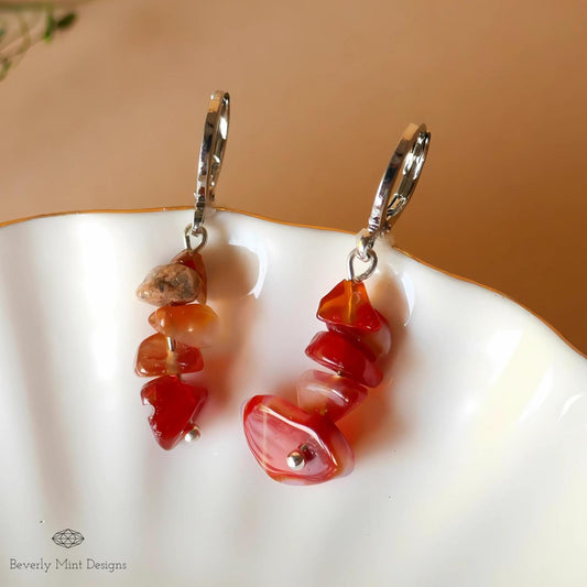 Red Agate Dangle Earrings, Orange Earrings Boho Jewelry, Chakras Stones ,Irregular Natural Stone Earrings, Sensitive Ear & Clip-On Options