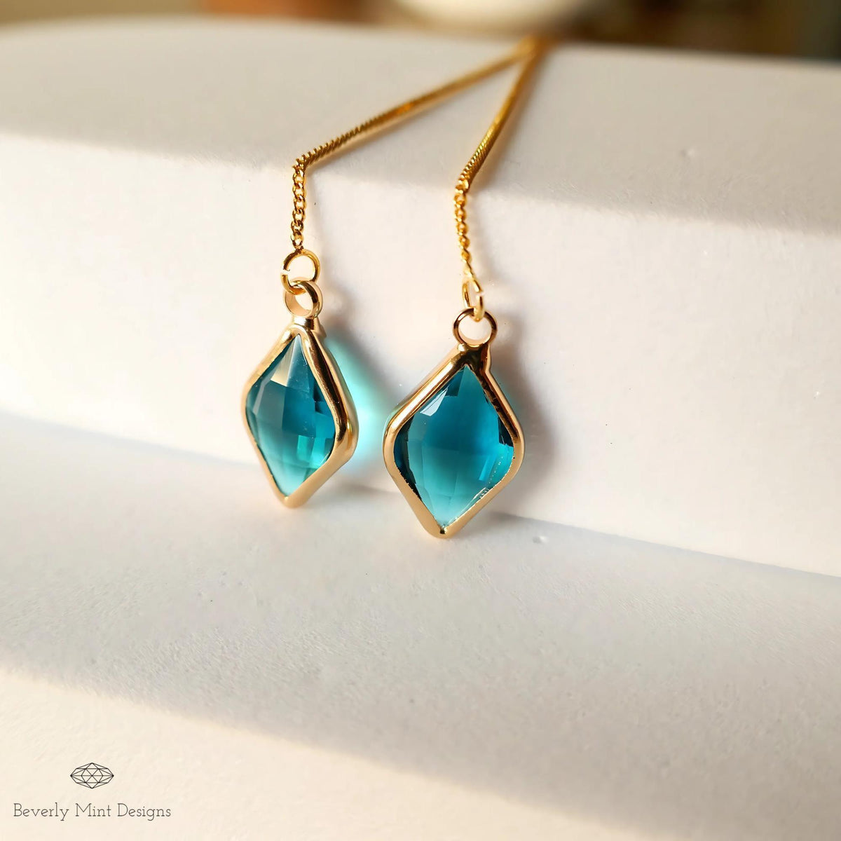 Blue Earrings , Blue Stone Threader Earrings ,Gold Chain Dangle Earrings, Sensitive Ear & Clip-On Options