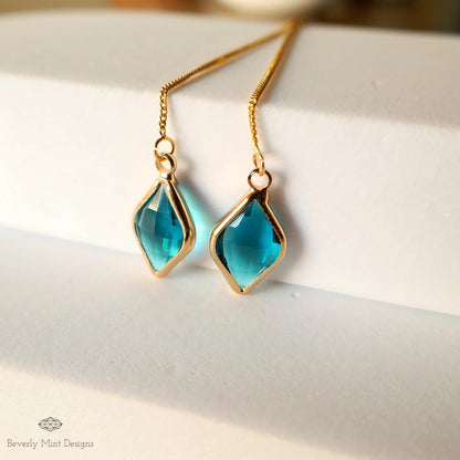 Blue Earrings , Blue Stone Threader Earrings ,Gold Chain Dangle Earrings, Sensitive Ear & Clip-On Options