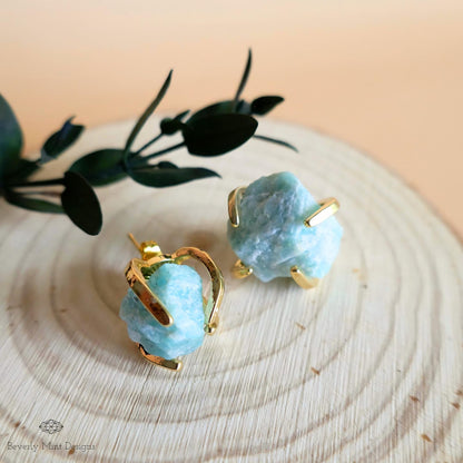 Green Aventurine Stud Earrings with 18K Gold, Green Stone Earrings,  1/2 - 3/4 inches, Natural Raw Stone Earrings, Chakra Stone