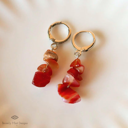 Red Agate Dangle Earrings, Orange Earrings Boho Jewelry, Chakras Stones ,Irregular Natural Stone Earrings, Sensitive Ear & Clip-On Options