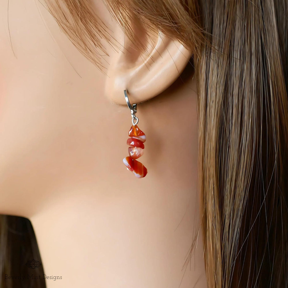 Red Agate Dangle Earrings, Orange Earrings Boho Jewelry, Chakras Stones ,Irregular Natural Stone Earrings, Sensitive Ear & Clip-On Options