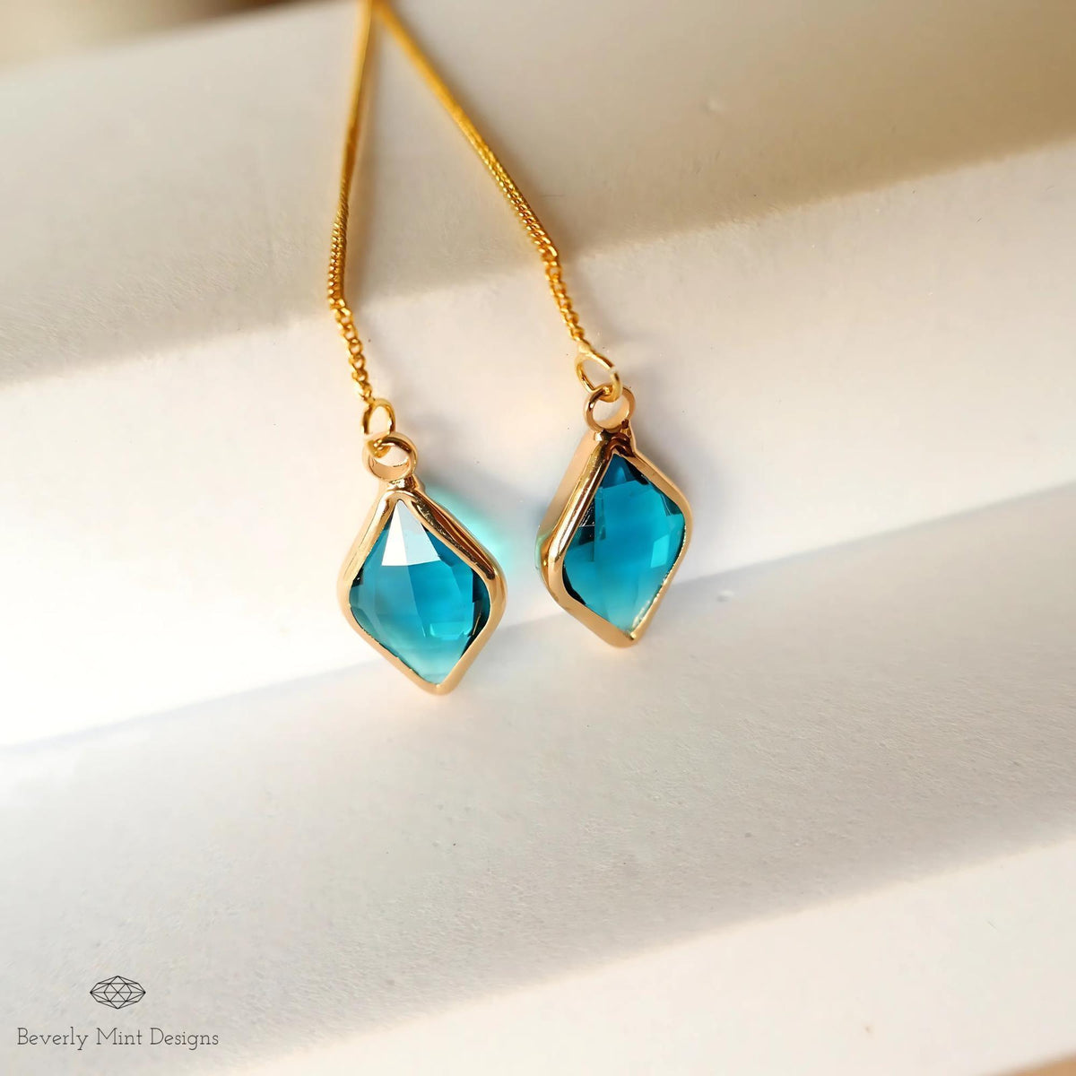 Blue Earrings , Blue Stone Threader Earrings ,Gold Chain Dangle Earrings, Sensitive Ear & Clip-On Options