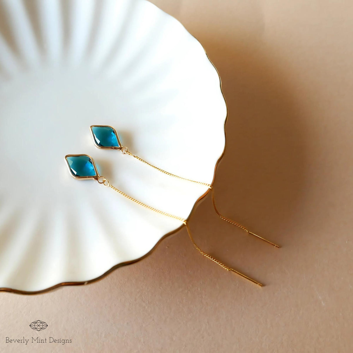 Blue Earrings , Blue Stone Threader Earrings ,Gold Chain Dangle Earrings, Sensitive Ear & Clip-On Options