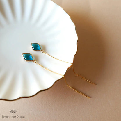 Blue Earrings , Blue Stone Threader Earrings ,Gold Chain Dangle Earrings, Sensitive Ear & Clip-On Options
