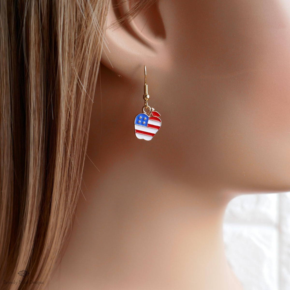 Patriotic Apple Earrings, American Flag Apple Jewelry, Red White Blue Dangle Earrings, 4th of July Earrings, Sensitive Ear & Clip-On Options