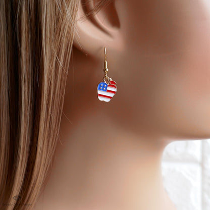 Patriotic Apple Earrings, American Flag Apple Jewelry, Red White Blue Dangle Earrings, 4th of July Earrings, Sensitive Ear & Clip-On Options