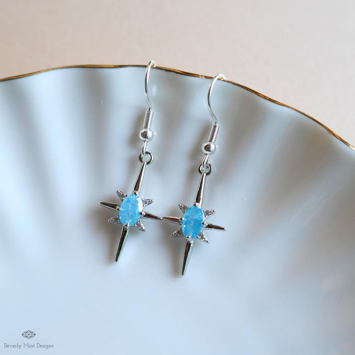 Blue Stone Starburst Earrings, Celestial Drop Earrings, Silver Star Earrings, Cosmic Jewelry, Sensitive Ear & Clip-On Options