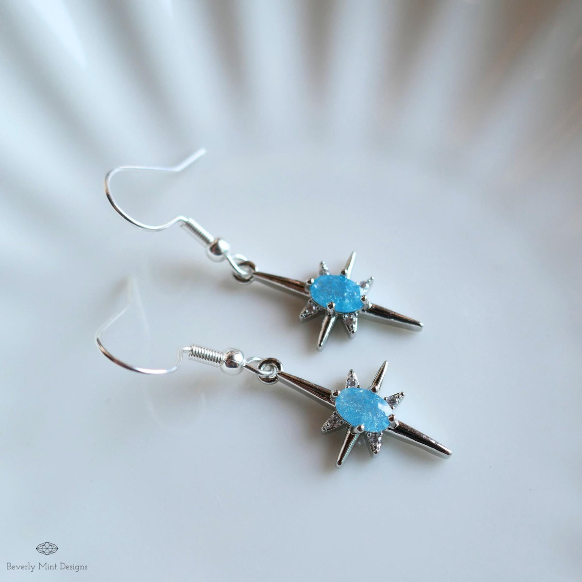Blue Stone Starburst Earrings, Celestial Drop Earrings, Silver Star Earrings, Cosmic Jewelry, Sensitive Ear & Clip-On Options