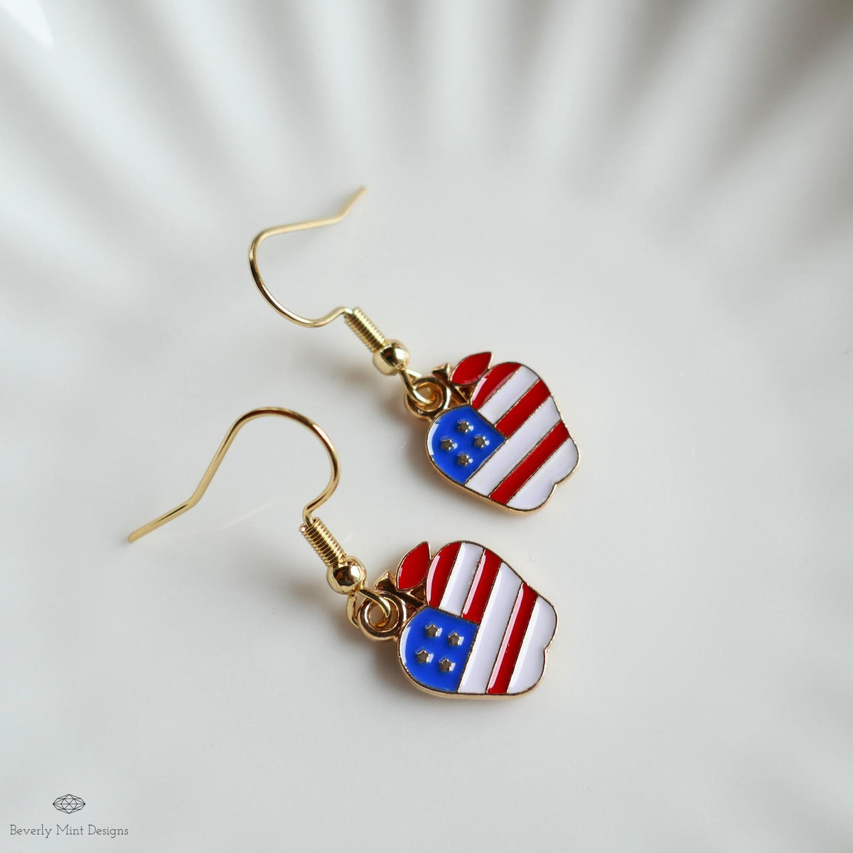 Patriotic Apple Earrings, American Flag Apple Jewelry, Red White Blue Dangle Earrings, 4th of July Earrings, Sensitive Ear & Clip-On Options