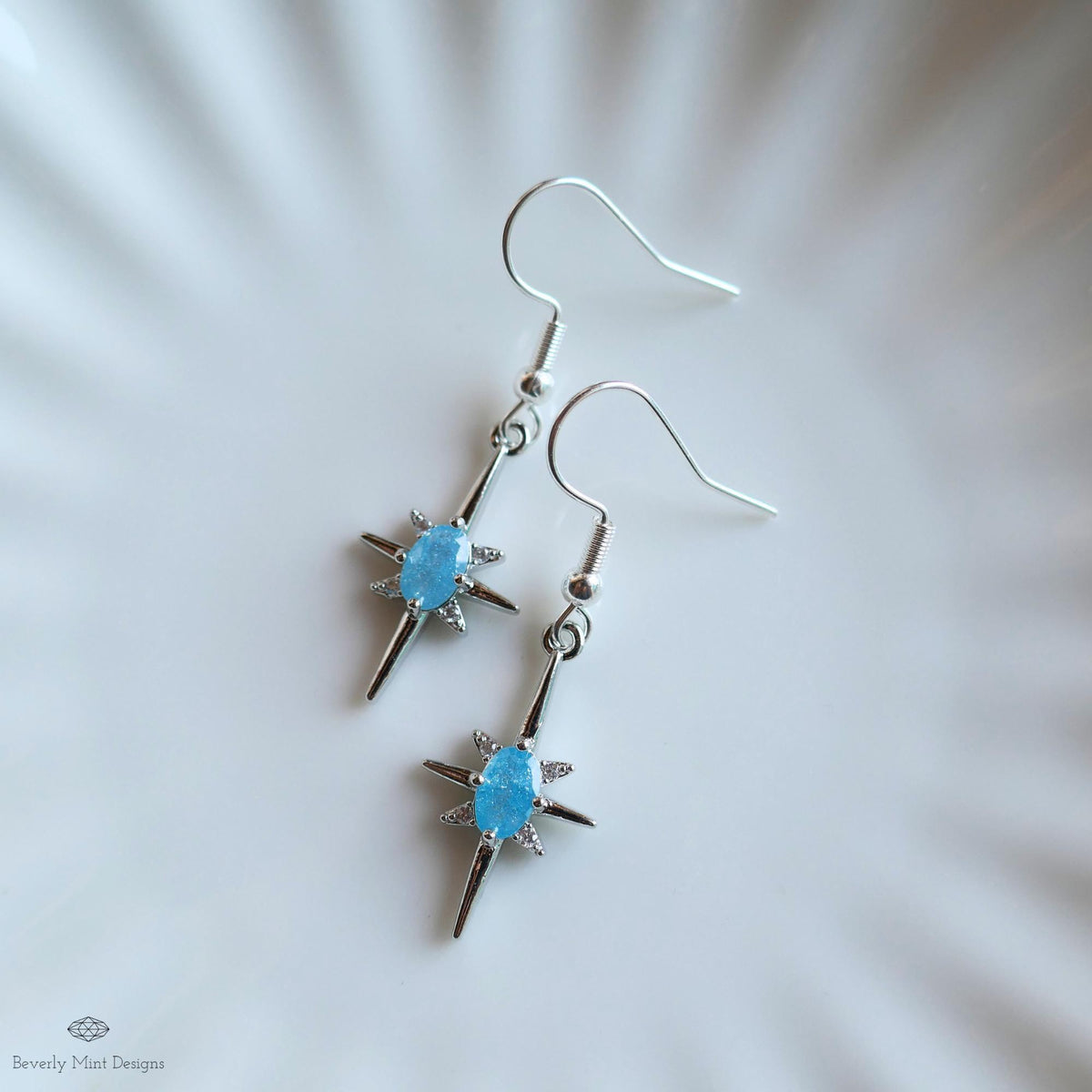 Blue Stone Starburst Earrings, Celestial Drop Earrings, Silver Star Earrings, Cosmic Jewelry, Sensitive Ear & Clip-On Options
