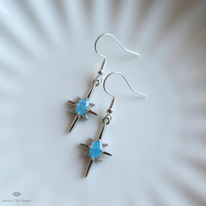Blue Stone Starburst Earrings, Celestial Drop Earrings, Silver Star Earrings, Cosmic Jewelry, Sensitive Ear & Clip-On Options