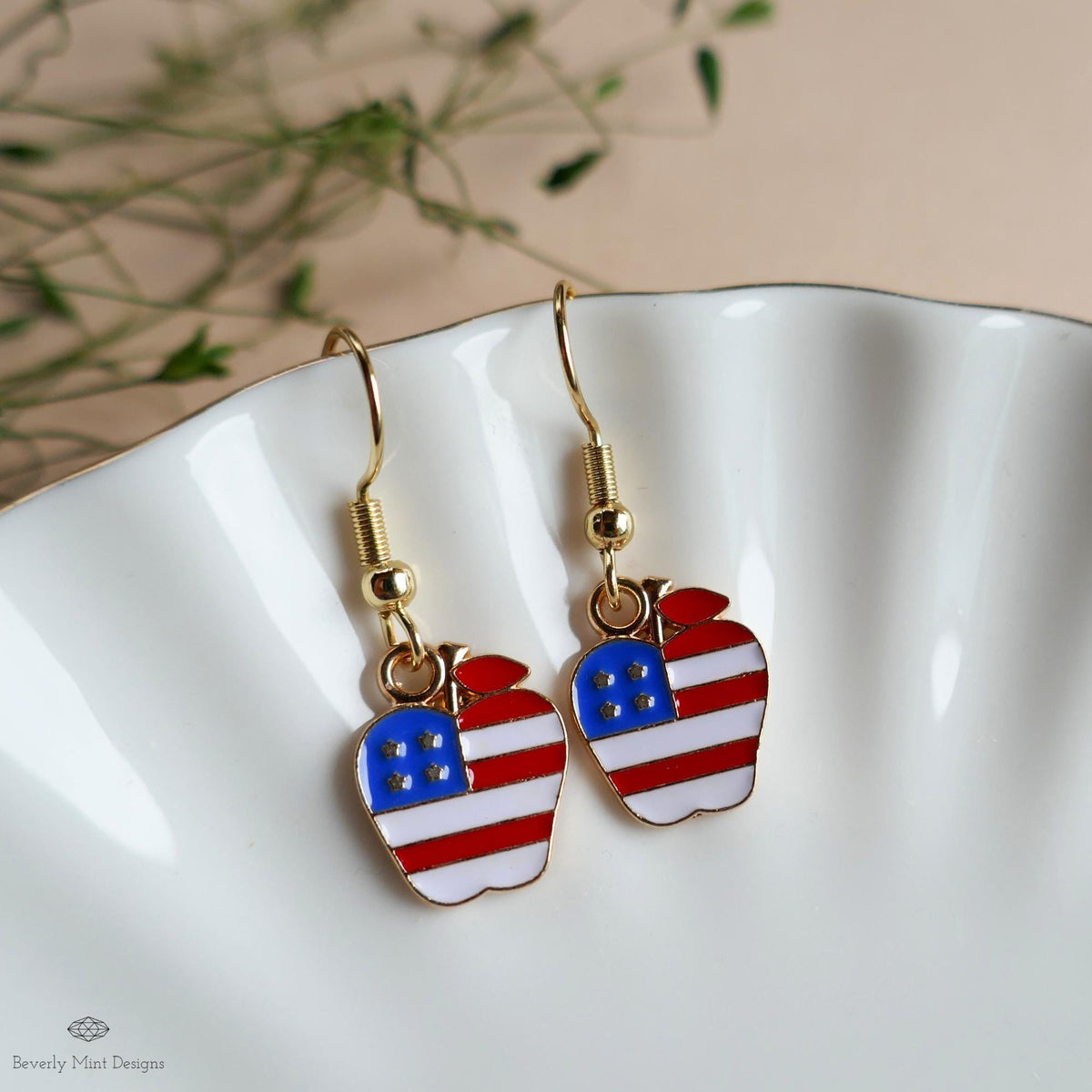 Patriotic Apple Earrings, American Flag Apple Jewelry, Red White Blue Dangle Earrings, 4th of July Earrings, Sensitive Ear & Clip-On Options