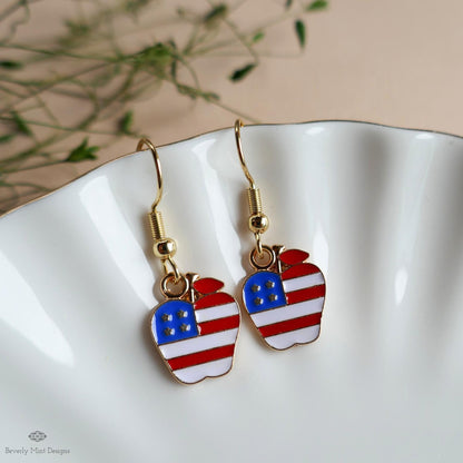 Patriotic Apple Earrings, American Flag Apple Jewelry, Red White Blue Dangle Earrings, 4th of July Earrings, Sensitive Ear & Clip-On Options