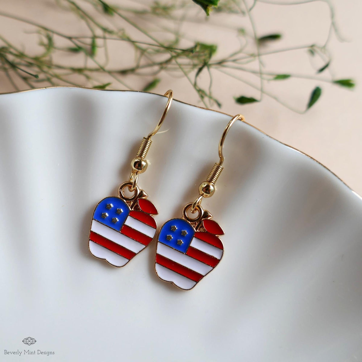 Patriotic Apple Earrings, American Flag Apple Jewelry, Red White Blue Dangle Earrings, 4th of July Earrings, Sensitive Ear & Clip-On Options