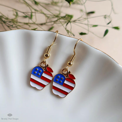 Patriotic Apple Earrings, American Flag Apple Jewelry, Red White Blue Dangle Earrings, 4th of July Earrings, Sensitive Ear & Clip-On Options