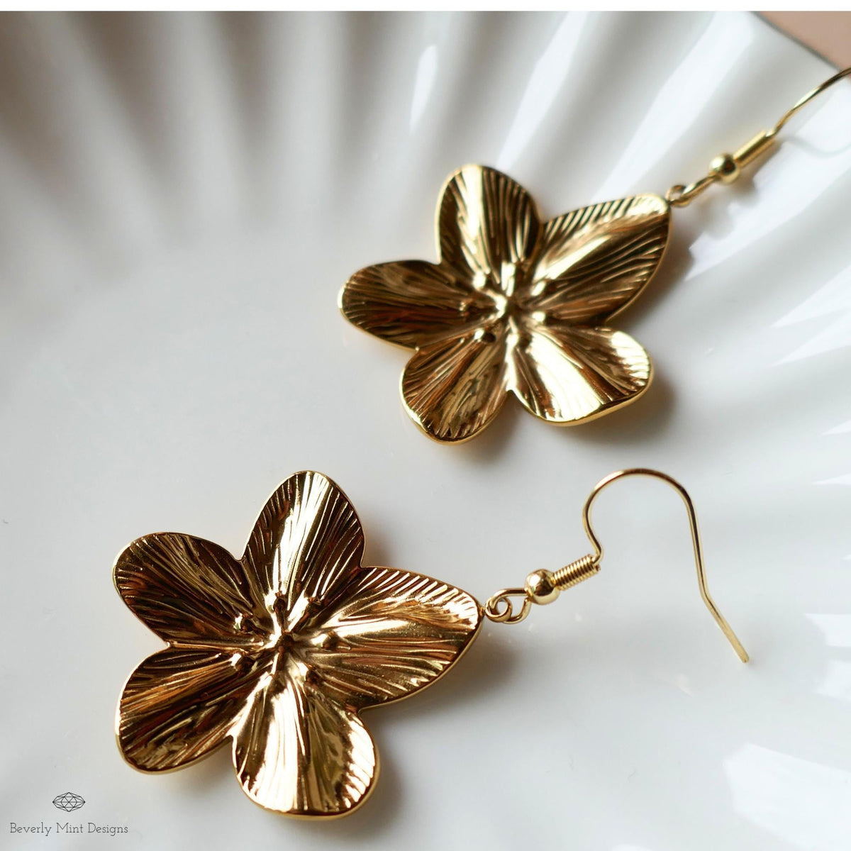 Gold Plumeria Earrings, Tropical Flower Earrings with Heft, Elegant Blossom Dangles, Sensitive Ear & Clip-On Options