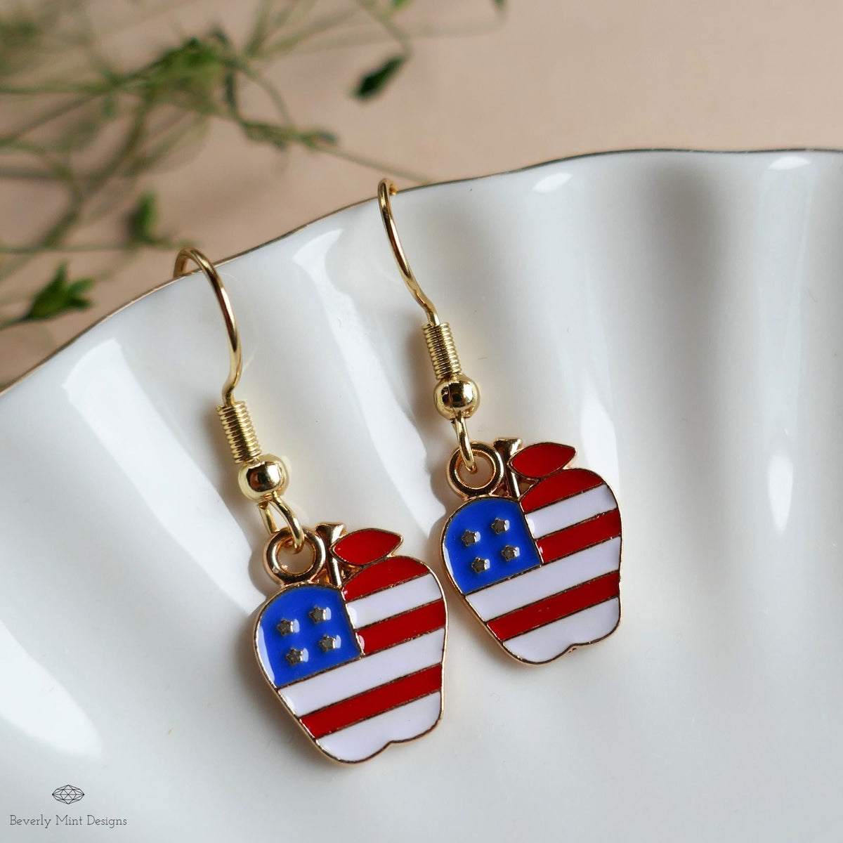 Patriotic Apple Earrings, American Flag Apple Jewelry, Red White Blue Dangle Earrings, 4th of July Earrings, Sensitive Ear & Clip-On Options