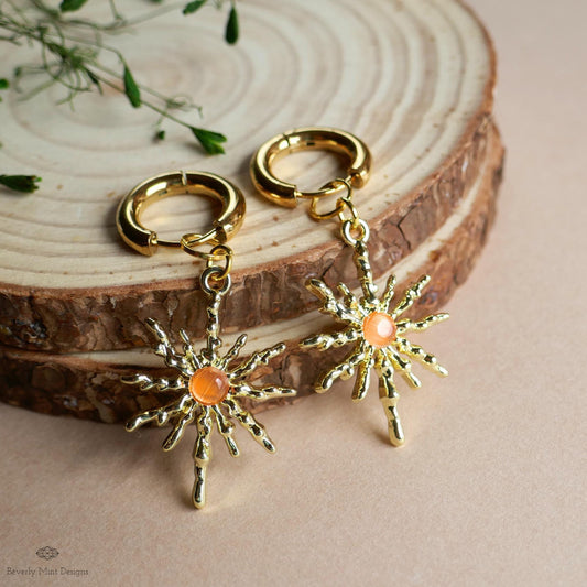 Gold Sunburst Hoop Earrings with Orange Stone, Celestial Statement Jewelry, Chunky Huggie Earrings, Boho Dangle Earrings