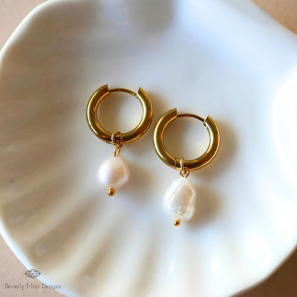 Gold Hoop Earrings with White Baroque Pearl Beads, Minimalist Pearl Dangle Earrings, Elegant Statement Jewelry, Classic