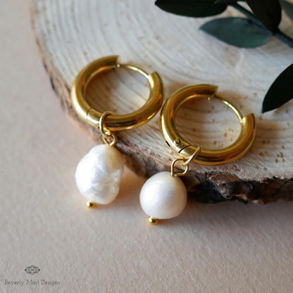 Gold Hoop Earrings with White Baroque Pearl Beads, Minimalist Pearl Dangle Earrings, Elegant Statement Jewelry, Classic