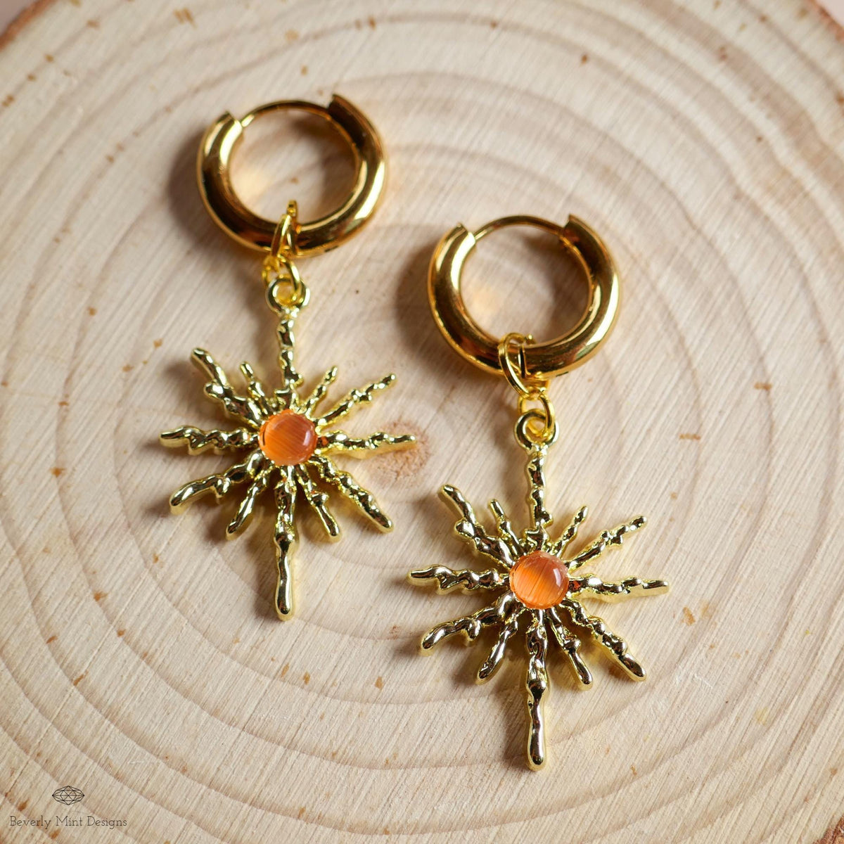 Gold Sunburst Hoop Earrings with Orange Stone, Celestial Statement Jewelry, Chunky Huggie Earrings, Boho Dangle Earrings
