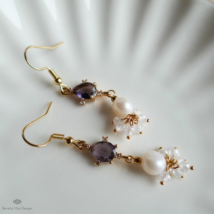 Gold Cluster Drop Earrings, Purple and Pearl Dangle Earrings, Elegant Long Earrings, Sensitive Ear & Clip-On Options