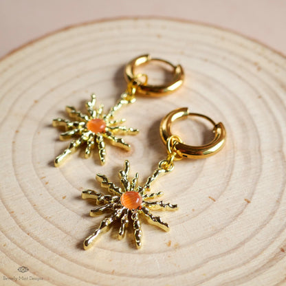 Gold Sunburst Hoop Earrings with Orange Stone, Celestial Statement Jewelry, Chunky Huggie Earrings, Boho Dangle Earrings