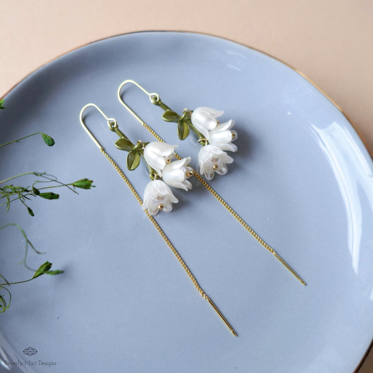 Lily of the Valley Threader Earrings, Nature Inspired Bridal Jewelry, Sensitive Ear & Clip-On Options