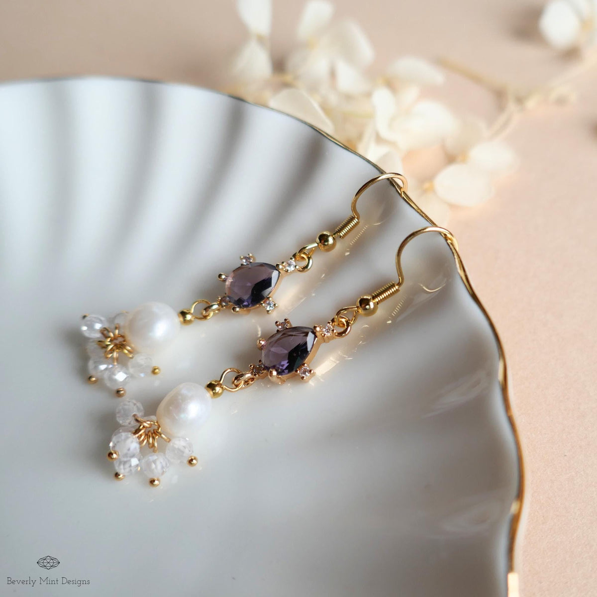Gold Cluster Drop Earrings, Purple and Pearl Dangle Earrings, Elegant Long Earrings, Sensitive Ear & Clip-On Options