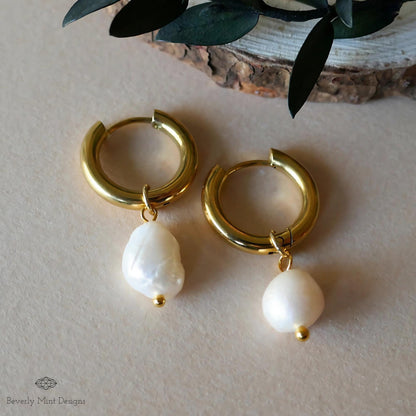 Gold Hoop Earrings with White Baroque Pearl Beads, Minimalist Pearl Dangle Earrings, Elegant Statement Jewelry, Classic