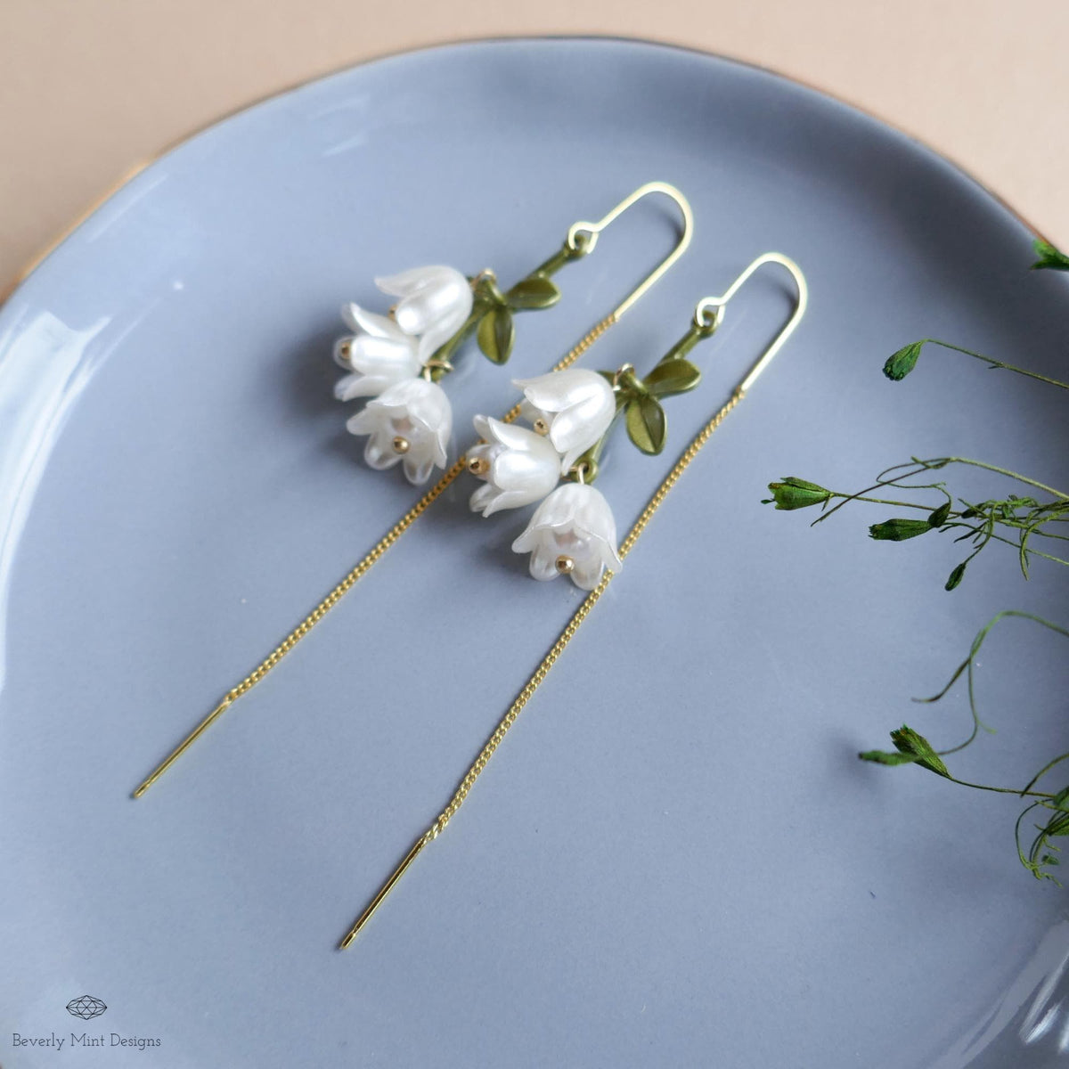 Lily of the Valley Threader Earrings, Nature Inspired Bridal Jewelry, Sensitive Ear & Clip-On Options