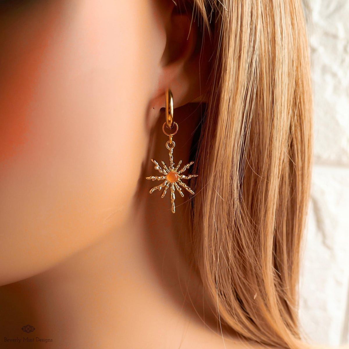 Gold Sunburst Hoop Earrings with Orange Stone, Celestial Statement Jewelry, Chunky Huggie Earrings, Boho Dangle Earrings
