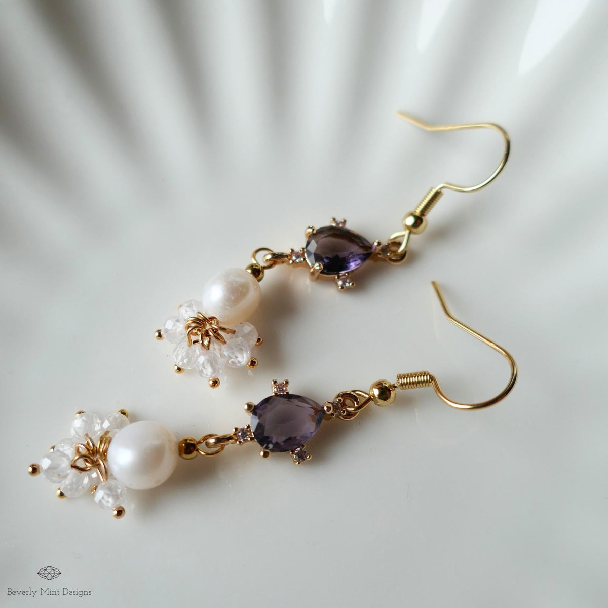 Gold Cluster Drop Earrings, Purple and Pearl Dangle Earrings, Elegant Long Earrings, Sensitive Ear & Clip-On Options
