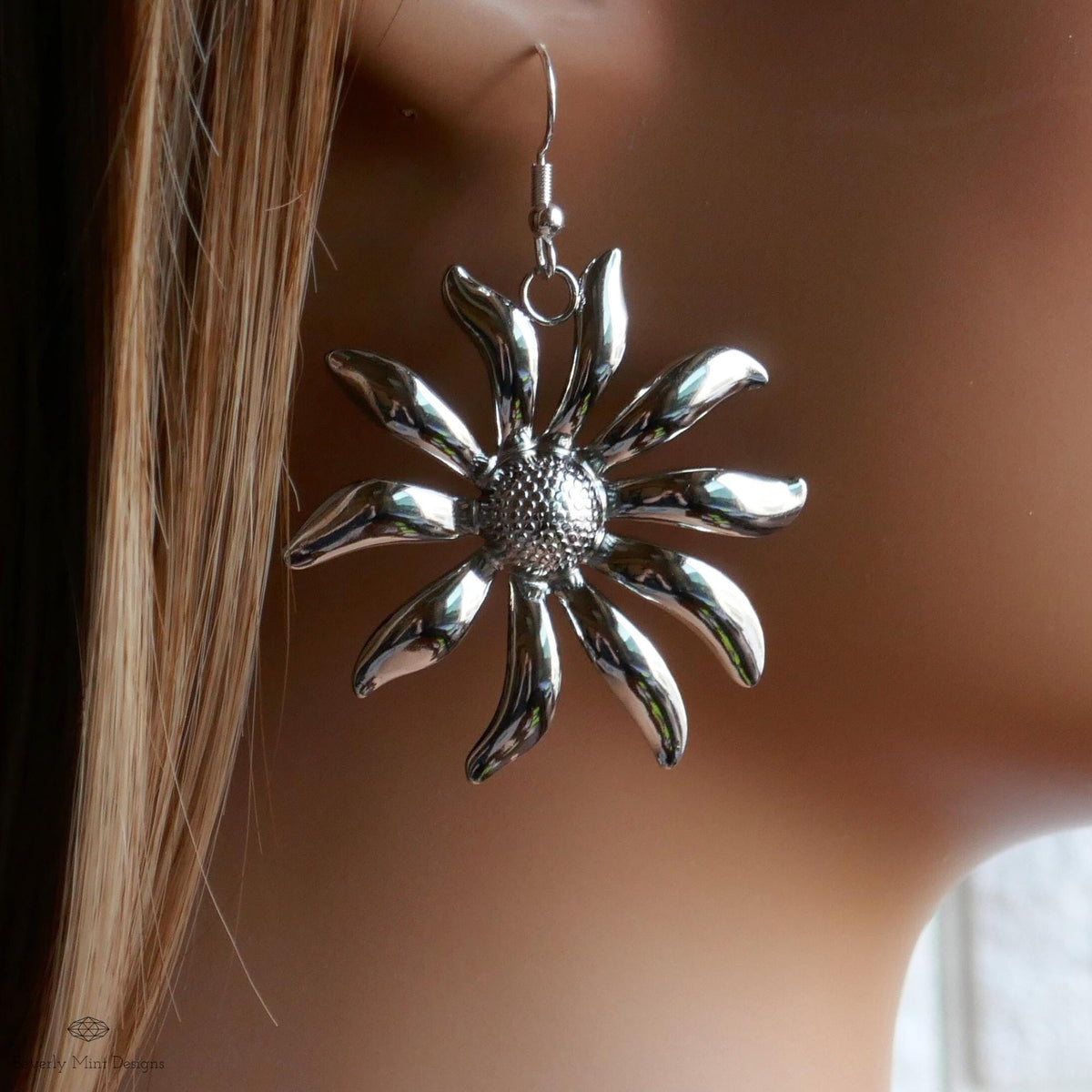 Silver Flower Earrings, Extra Large Statement Earrings, Bold Petal Dangle Earrings, Heavy Floral Jewelry, Sensitive Ear & Clip-On Options