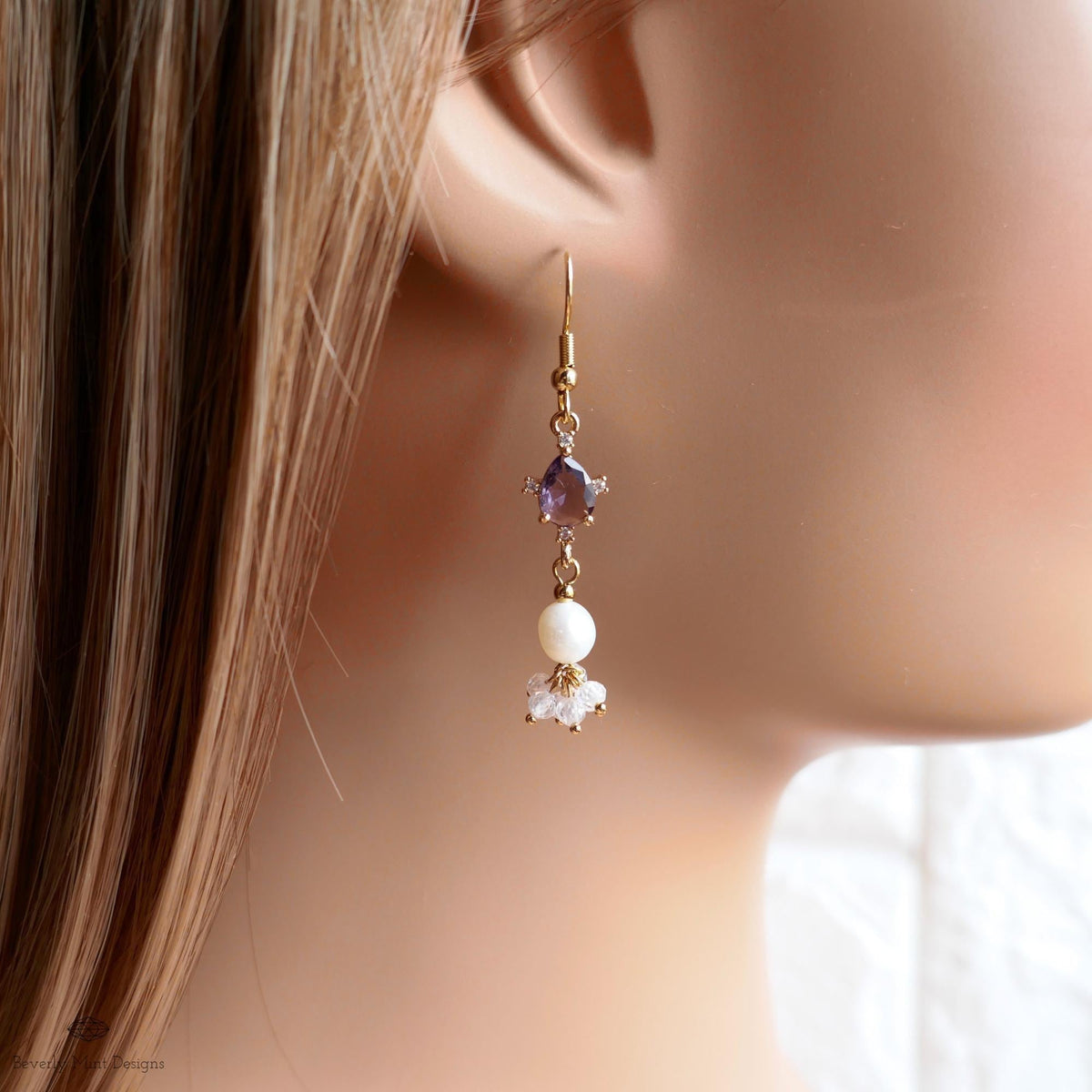 Gold Cluster Drop Earrings, Purple and Pearl Dangle Earrings, Elegant Long Earrings, Sensitive Ear & Clip-On Options