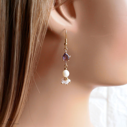 Gold Cluster Drop Earrings, Purple and Pearl Dangle Earrings, Elegant Long Earrings, Sensitive Ear & Clip-On Options