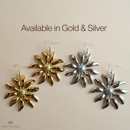 Silver Flower Earrings, Extra Large Statement Earrings, Bold Petal Dangle Earrings, Heavy Floral Jewelry, Sensitive Ear & Clip-On Options