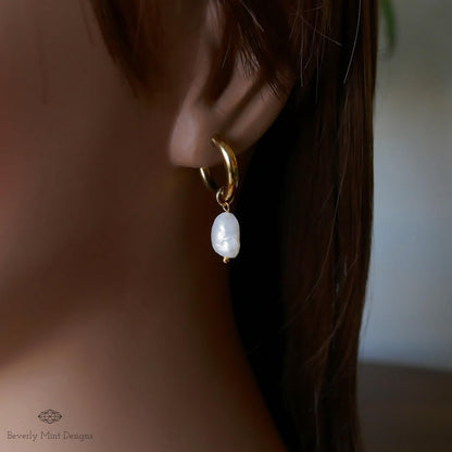 Gold Hoop Earrings with White Baroque Pearl Beads, Minimalist Pearl Dangle Earrings, Elegant Statement Jewelry, Classic