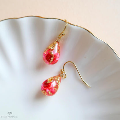 Red Pressed Flower Resin Earrings Teardrop Dangle Earrings Dry Flower Gold Hoop Botanical Jewelry Handmade, Sensitive Ear & Clip-On Options