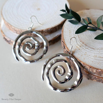 Silver Spiral Earrings, Handmade Hammered Statement Jewelry, Boho Chic Large Silver Earrings, Sensitive Ear & Clip-On Options