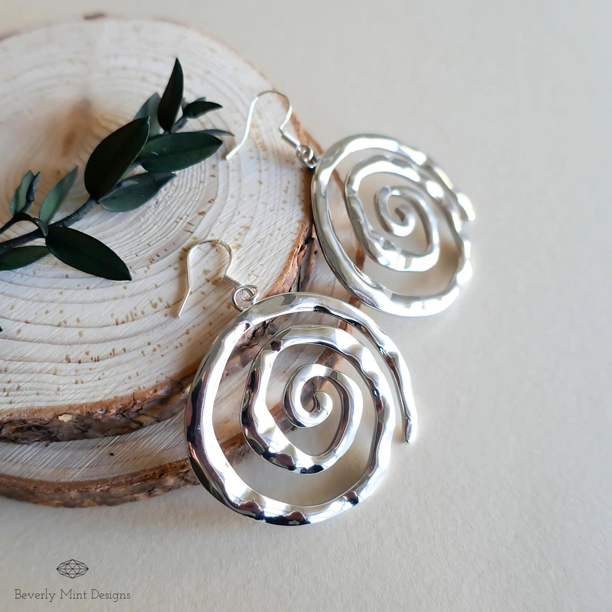 Silver Spiral Earrings, Handmade Hammered Statement Jewelry, Boho Chic Large Silver Earrings, Sensitive Ear & Clip-On Options