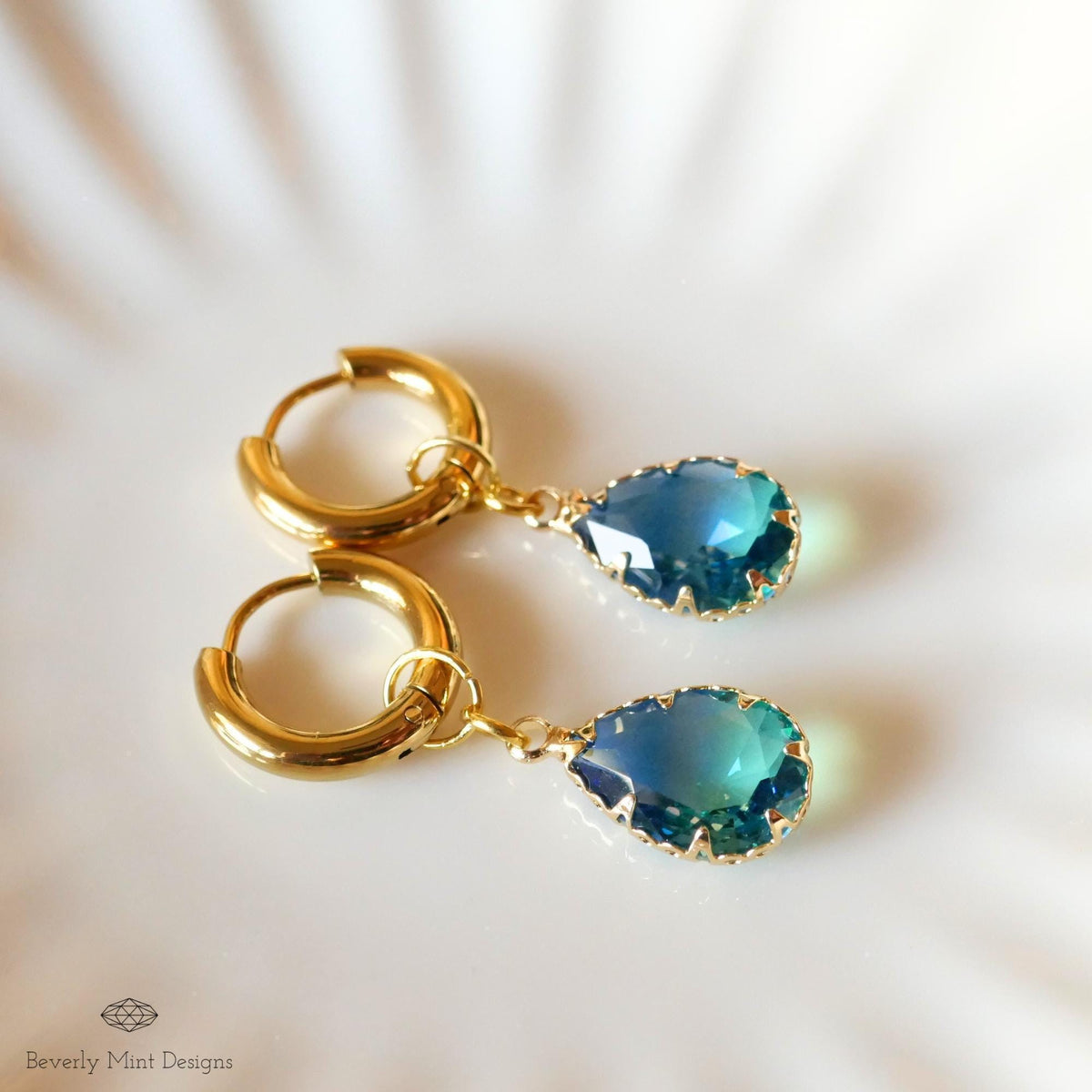 Gold Hoop Earrings with Blue Teardrop Crystal, Gold Huggie Hoop Dangle Earrings, Bridal Earrings, Elegant Earrings, Something Blue Earrings