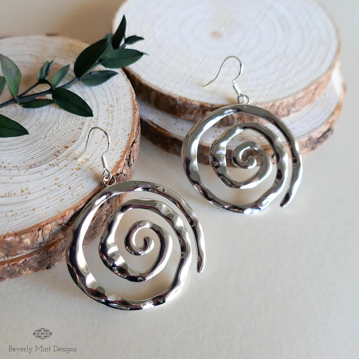 Silver Spiral Earrings, Handmade Hammered Statement Jewelry, Boho Chic Large Silver Earrings, Sensitive Ear & Clip-On Options