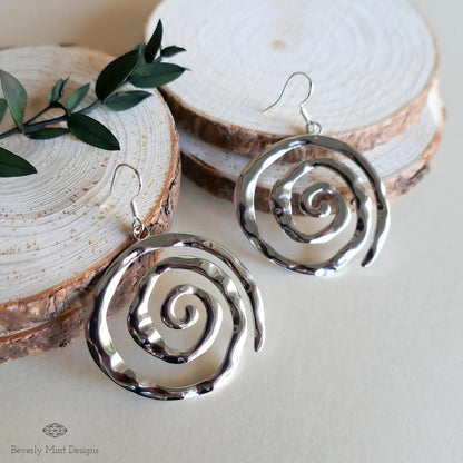 Silver Spiral Earrings, Handmade Hammered Statement Jewelry, Boho Chic Large Silver Earrings, Sensitive Ear & Clip-On Options