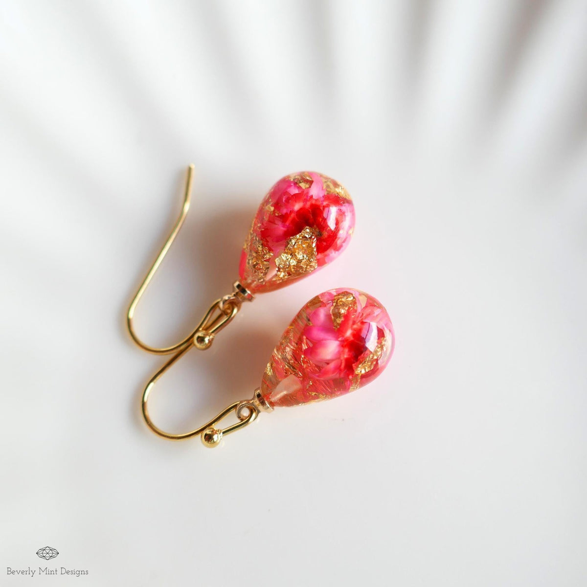 Red Pressed Flower Resin Earrings Teardrop Dangle Earrings Dry Flower Gold Hoop Botanical Jewelry Handmade, Sensitive Ear & Clip-On Options